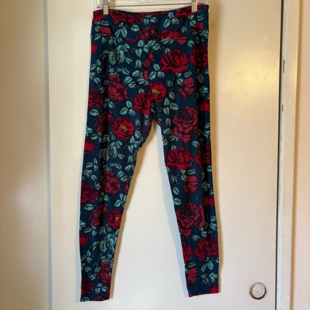 LuLaRoe Leggings Tall & Curvy Floral Rose Print Womens TC Teal Red GUC Good